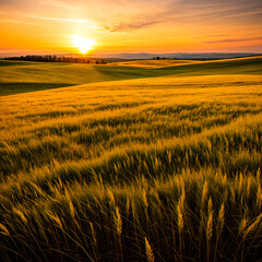Obraz premium Medieval landscape, view of fields sown with grain crops, beautiful landscape with sunset