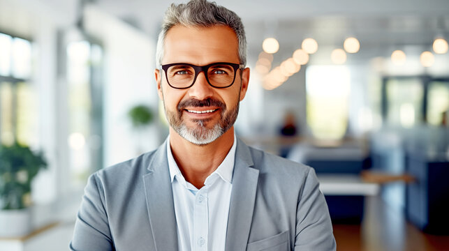 happy smiling mature businessman on office background. legal AI