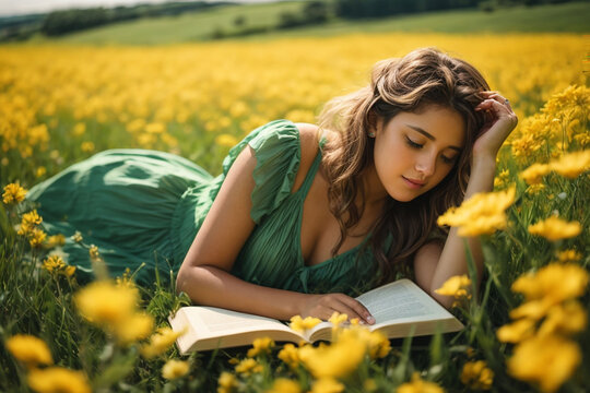 A girl is lying and reading a book in a green meadow on a beautiful sunny summer day. Recreation, study, reading