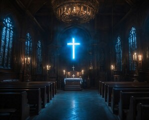 Interior of the old church with glowing blue cross in the middle