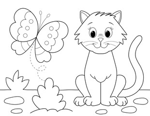 easy coloring page of a cute cat and a butterfly. you can print it on standard 8.5x11 inch paper