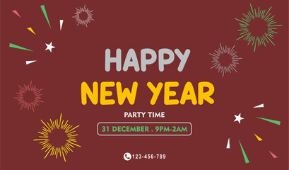 New Year's Eve celebration invitation with a red background and fireworks elements
