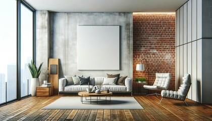 Modern Living Room with Brick Wall and Frame Mockup