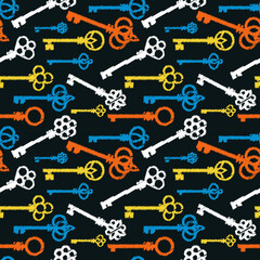 Colorful chalk drawings style antique keys pattern. Vector seamless pattern design for textile, fashion, paper and wrapping.