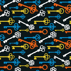 Fototapeta premium Colorful chalk drawings style antique keys pattern. Vector seamless pattern design for textile, fashion, paper and wrapping.