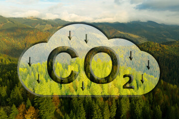 Reduce CO2 emissions. Aerial view of beautiful mountain landscape. Illustration of cloud with CO2...