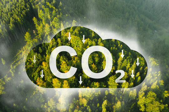 Reduce CO2 emissions. Aerial view of beautiful mountain slope. Illustration of cloud with CO2 inscription and arrows