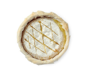 Tasty baked brie cheese isolated on white, top view