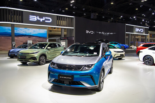BANGKOK - NOVEMBER 29: BYD Dolphin EV car on display at The 40th Thailand International Motor Expo 2023 on November, 2023 in Nonthaburi, Thailand.