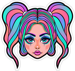 Die-cut sticker of a cute pastel goth alternative punk girl face with colorful rainbow pigtails hair. Vector illustration.