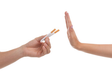 Stop smoking concept. Woman refusing cigarettes on white background, closeup