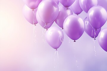 close up of violet tone balloons flying in the air, levitation, light violet background for design with copy space