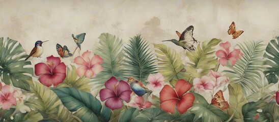wallpaper jungle and leaves tropical forest mural parrot and birds butterflies old drawing vintage background - Generative AI