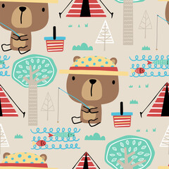 Seamless pattern vector of cartoon cute bear fishing in forest at camping day - obrazy, fototapety, plakaty
