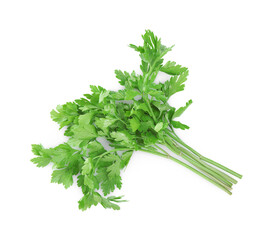 Bunch of fresh green parsley leaves isolated on white, top view