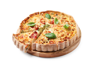 Board with tasty quiche isolated on white