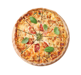 Board with tasty quiche isolated on white, top view