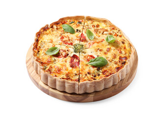Board with tasty quiche isolated on white