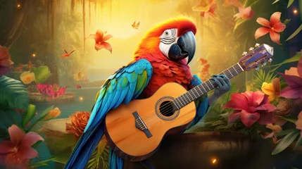 Zelfklevend Fotobehang Joyful Parrot with Guitar, tropical paradise setting, vibrant feathers © Eddy Drmwn