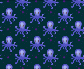 Seamless pattern Cute Octopus  sea animals. Marine life objects vector cartoon doodle 3d illustration.