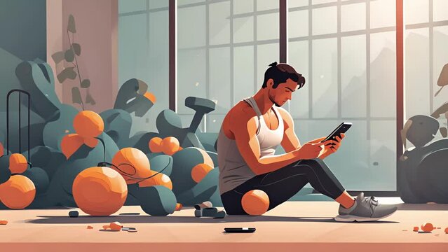 Minimal flat motion of a person at the gym, taking frequent breaks to check their phone and catch up on social media during their workout. 2D cartoon animation. .
