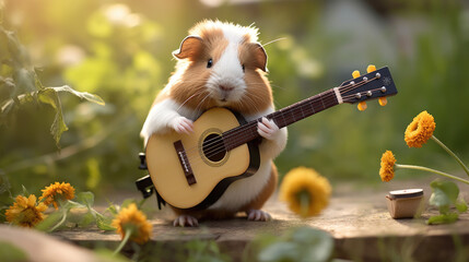 Guinea pig playing guitar in garden - obrazy, fototapety, plakaty