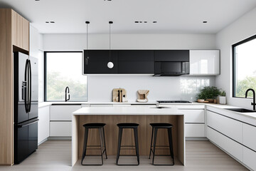 modern kitchen in house||modern kitchen interior with beautiful setup of cabinets and furniture