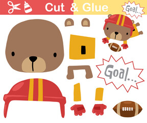 Vector illustration of cartoon bear playing rugby. Education paper game for kids. Cut and glue