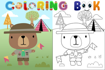 Vector cartoon illustration, cute bear in scout uniform camping in forest, coloring book or page