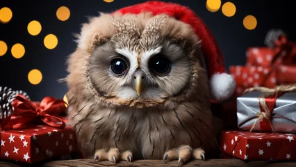 Zelfklevend Fotobehang Whimsical Holiday Charm Adorable Owl in Santa Hat © icehawk33