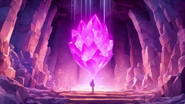 heart Crystal Cavern, massive quartz geode stands tall, radiating faint purple casting glimmering reflections crystal walls surrounding 2d animation
