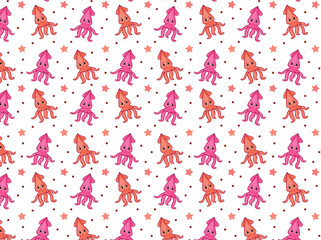 Seamless pattern Cute Squid Swimming, Marine life object vector cartoon doodle 3d illustration.