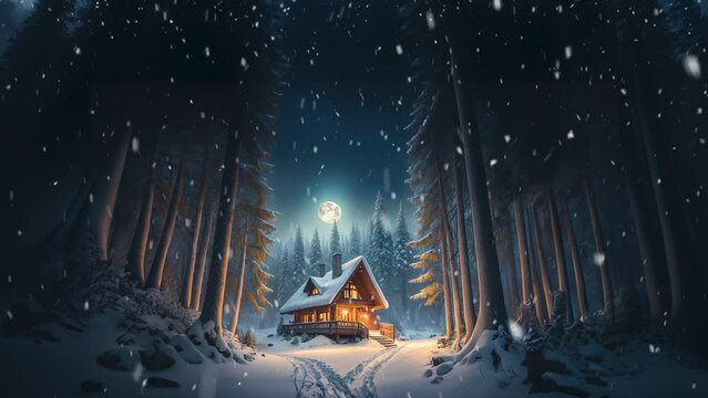 Animated snow fall over cabin in moon lit woods