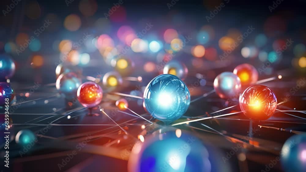 Poster closeup of a neutron, its surface dotted with tiny flashes of color as the quarks within shift and e