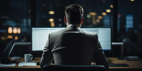 Businessman in an office with his back turned to a modern computer striking a pose suggesting he is rejecting the computer's capabilities