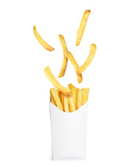 Tasty French fries falling into paper takeaway container on white background