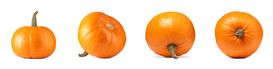 Fresh ripe pumpkins isolated on white, set