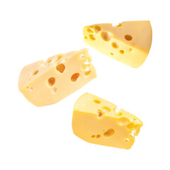 Pieces of tasty cheese falling on white background