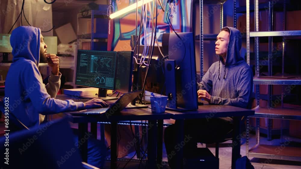 Poster hackers brainstorming ways to go undetectable by antivirus software installed on systems and success