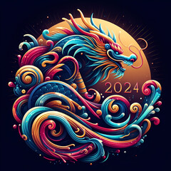 blue dragon, dragon, 2024, fire, light, celebration, fireworks, new year, flame, hot, sign, party, illustration, neon, happy, night, christmas, design, holiday, text, burn, glow, sale, celebrate, burn