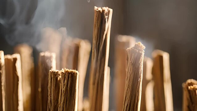 Closeup bundle palo santo incense sticks they release fragrant smoke that rises gentle manner. scent palo santo, known cleansing uplifting properties, fills air, transporting