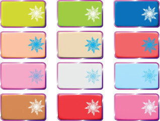 Set of Christmas labels, stickers in all colors. Collection of blank glossy colorful name tags, tags, stickers, labels, frames, rectangle shape with snowflake.