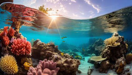 Fototapeta na wymiar A school of colorful tropical fish glide through the waters filled with vibrant corals