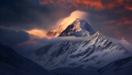 A beautiful and serene view of a ray of sunset at dusk on a snowy mountaintop - obrazy, fototapety, plakaty