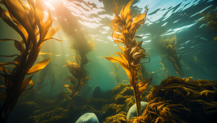 Close-up of tall, slender kelp leaves in the current, with the sun shining down from the water's surface - obrazy, fototapety, plakaty
