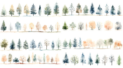 Set of watercolor style illustration of pine tree. Cartoon illustration isolated on white background. - obrazy, fototapety, plakaty