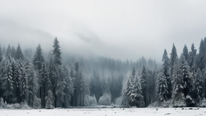Quiet winter forest with snow-capped trees and mountains in the background