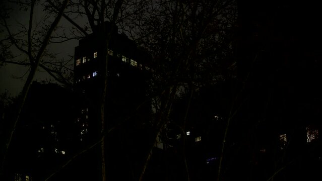 Nightime Apt building with lit windows seen through trees - urban - establishing shot