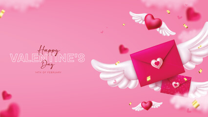 Happy valentine's day text vector design. Valentine's day greeting card with love letter envelope flying decoration elements for romantic background. Vector illustration hearts day invitation card.
