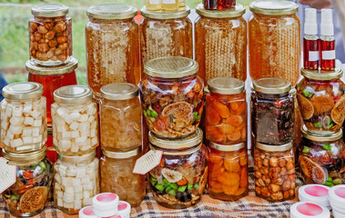 Honey line of products in glass jars